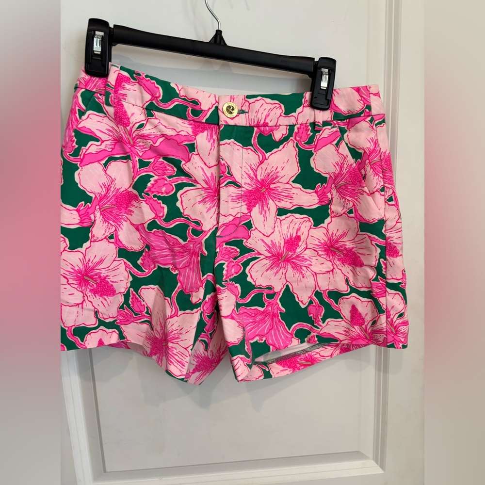 Lilly Pulitzer Pink Floral Bermuda Shorts with Green Background